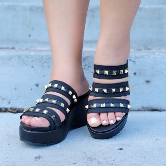 Women's Black Studded Wedge Open Toe Sandals - Picture 2 of 4